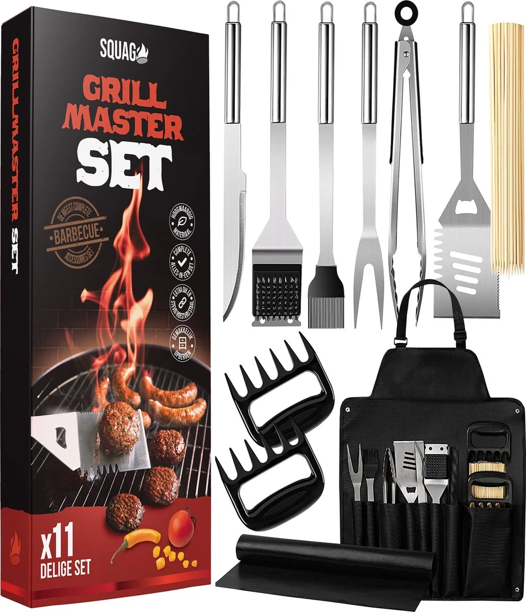 Squago BBQ Accesoires XXL Set Met Schort - Gereedschap - Gereedschapset Tang Borstel Mat 1 Squago BBQ Accesoires XXL Set Met Schort - Gereedschap - Gereedschapset Tang Borstel Mat