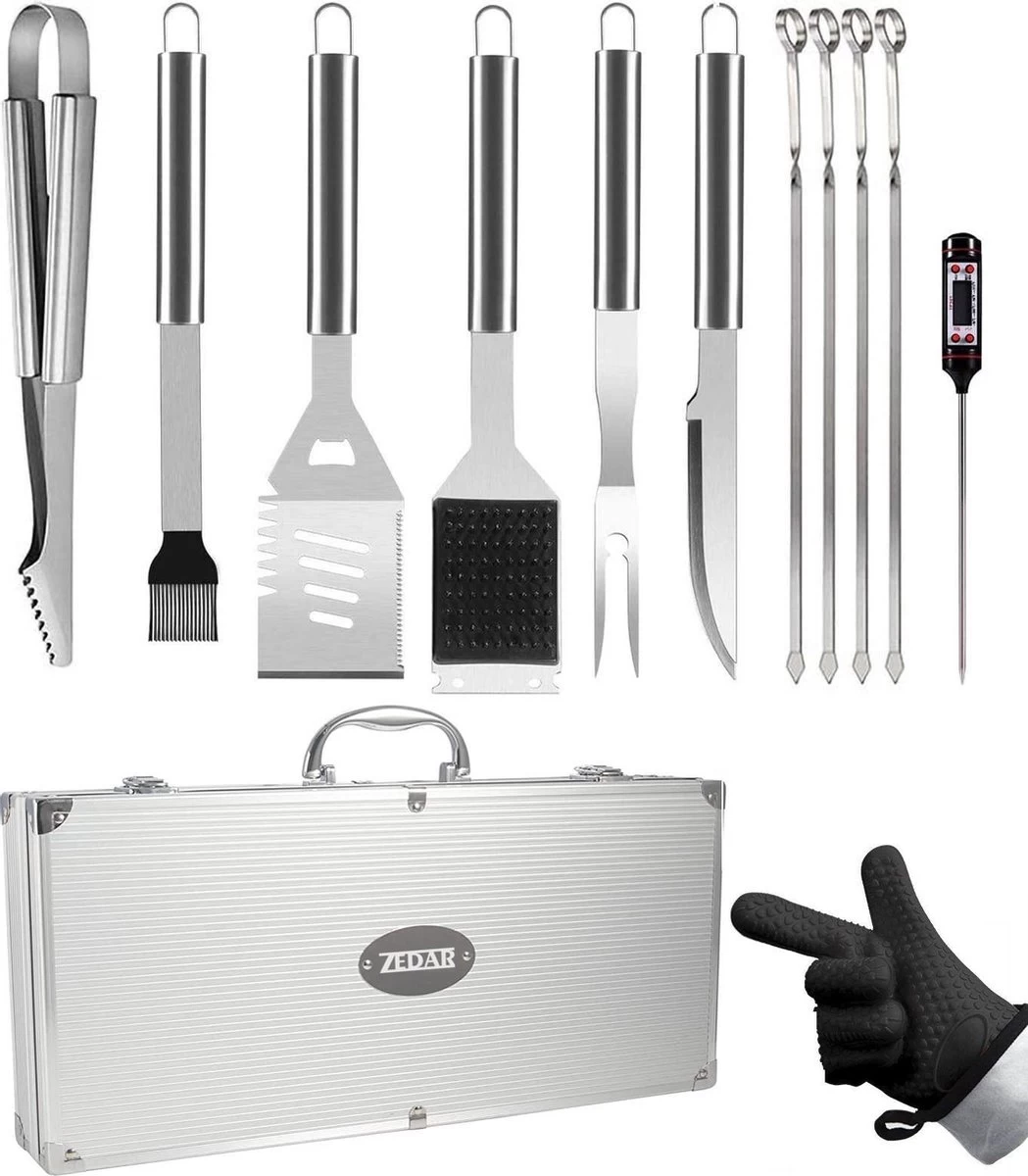 BBQ Accesoires Set Met Thermometer, Handschoenen, Bbq Tang, Bbq Borstel Van Zedar 1 BBQ Accesoires Set Met Thermometer, Handschoenen, Bbq Tang, Bbq Borstel Van Zedar