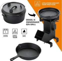 Dutch Mountains Gietijzeren Pannenset 7-delig - Dutch Oven – Braadpan - Grillpan - Hapjespan - Kookset In Houten Transportkist - Deksellifter - Brander -Keukengrill Winkel 1200x1185 2