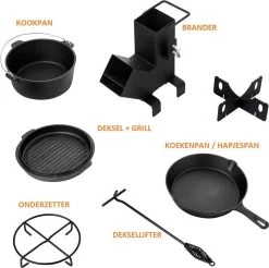 Dutch Mountains Gietijzeren Pannenset 7-delig - Dutch Oven – Braadpan - Grillpan - Hapjespan - Kookset In Houten Transportkist - Deksellifter - Brander -Keukengrill Winkel 1200x1197