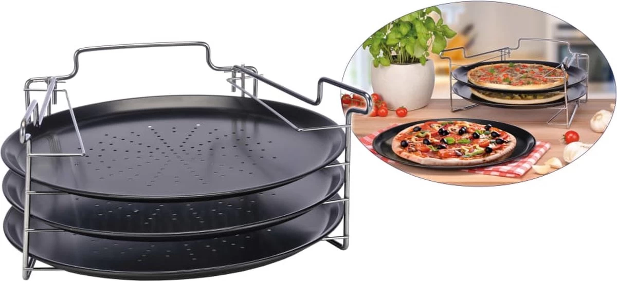 Merkloos Pizzaplaat Bakset Met 3 Bakplaten 16 X 31 Cm- Pizza Rek 3-delig - Pizzabakset Met Standaard/rek 2 Merkloos Pizzaplaat Bakset Met 3 Bakplaten 16 X 31 Cm- Pizza Rek 3-delig - Pizzabakset Met Standaard/rek - Afbeelding 2