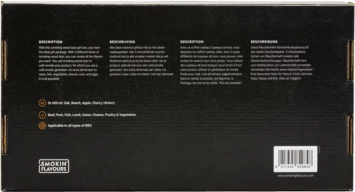Smokin’ Flavours Giftbox Mot 5x 650ml - Rookmot 5x 650 Ml - Eik - Beuk - Hickory - Kers - Appel 2 Smokin’ Flavours Giftbox Mot 5x 650ml - Rookmot 5x 650 Ml - Eik - Beuk - Hickory - Kers - Appel - Afbeelding 2
