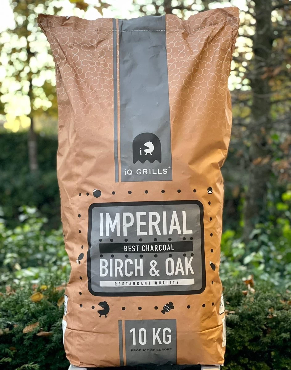 Houtskool "iQ Grills IMPERIAL Best Charcoal" Birch/Oak 10kg, Restaurant Quality - Grote Brokken - Lange Brandduur 1 Houtskool "iQ Grills IMPERIAL Best Charcoal" Birch/Oak 10kg, Restaurant Quality - Grote Brokken - Lange Brandduur